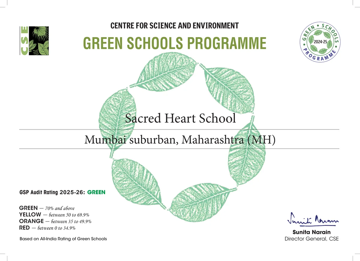 CSE Green Schools Programme certificate awarded to Sacred Heart School, Kalyan