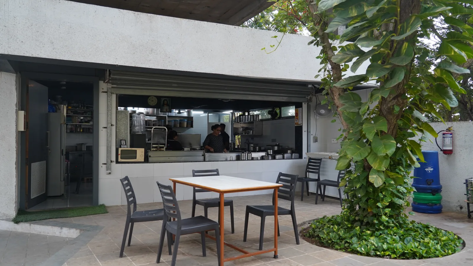 The school cafeteria and outdoor seating