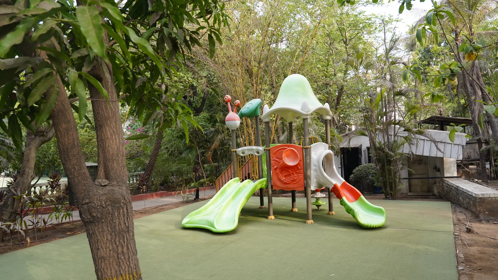 The children's playground surrounded by trees