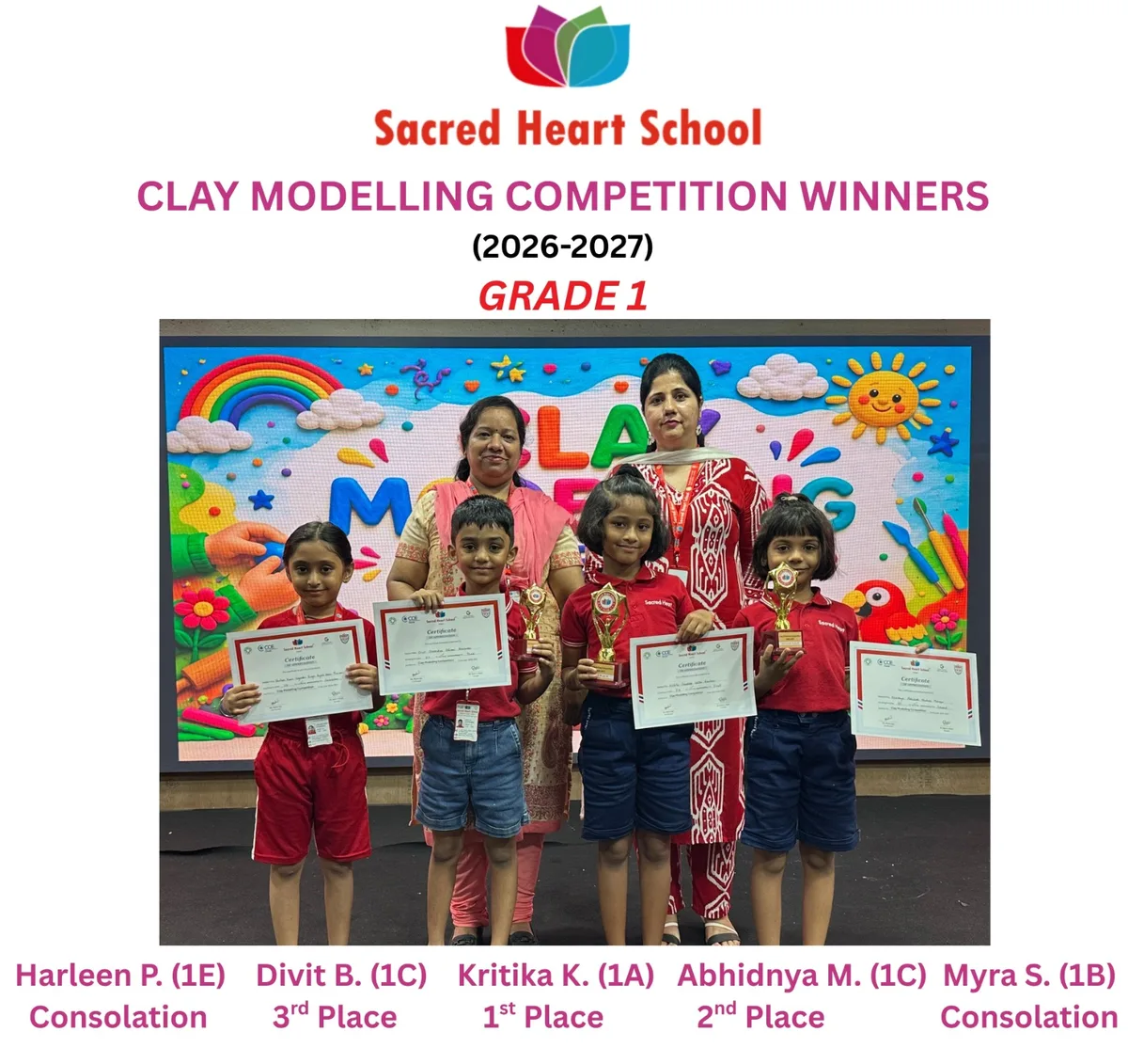 Grade 1 winners of the Clay Modelling Competition holding their certificates