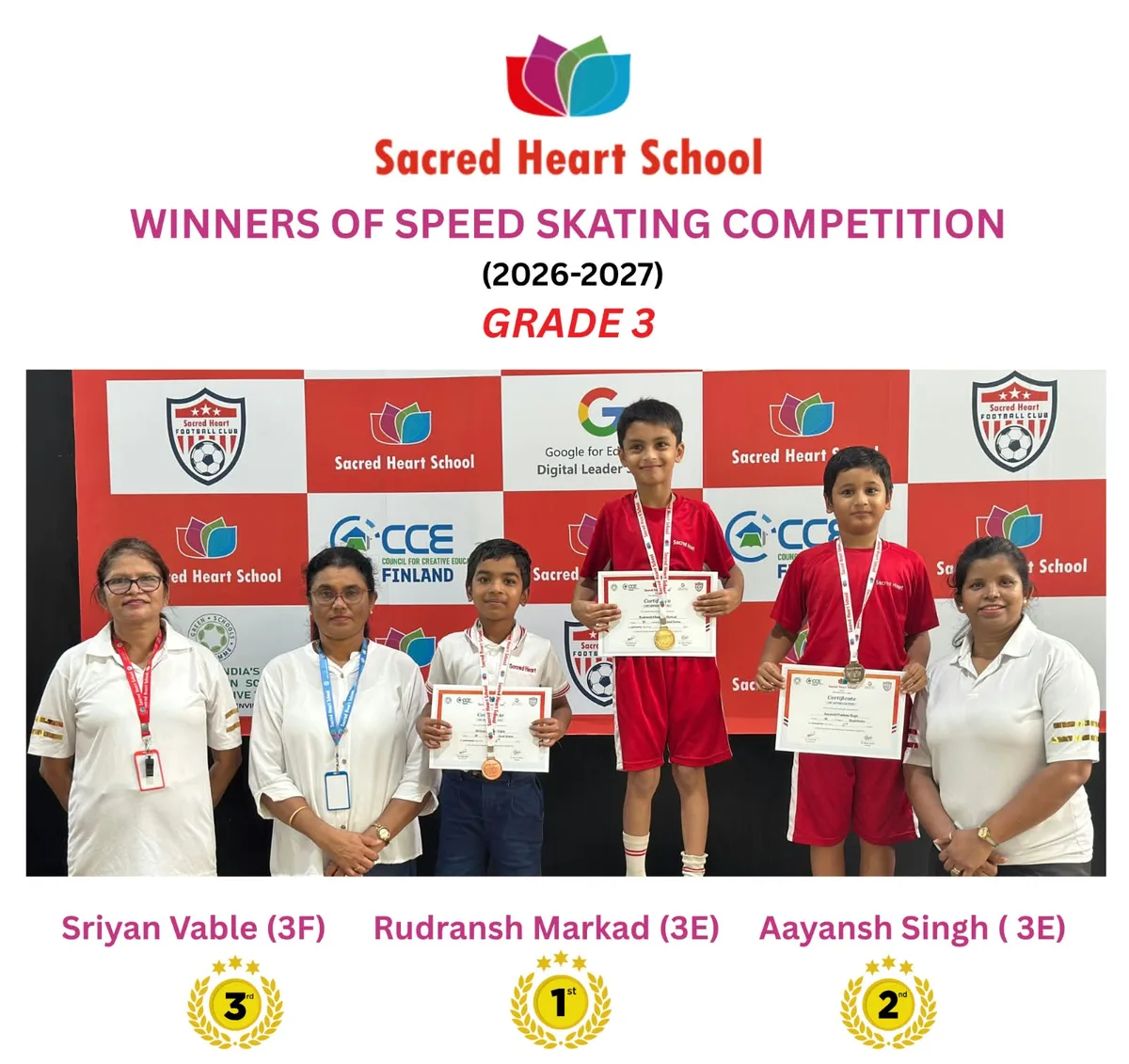 Grade 3 boys' winners of the Speed Skating Competition on the podium