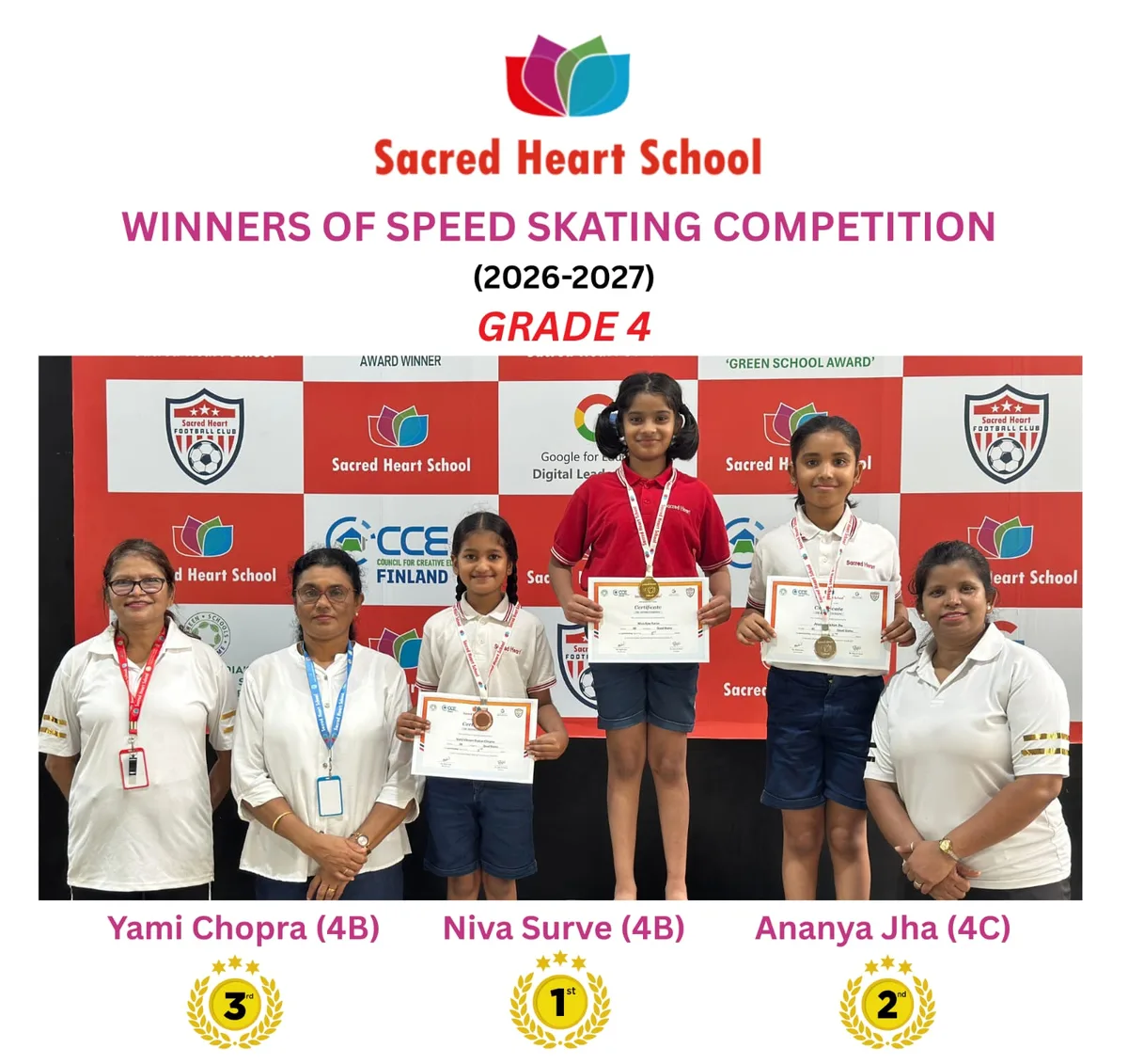Grade 4 girls' winners of the Speed Skating Competition on the podium