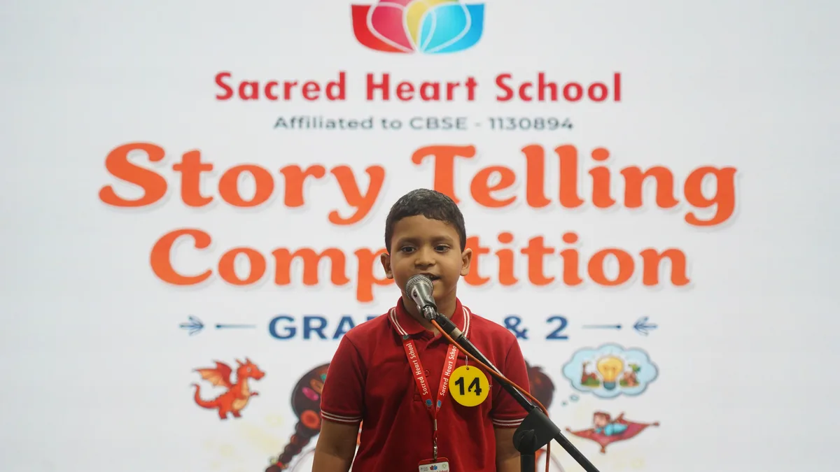 A Primary student performing at the Story Telling Competition