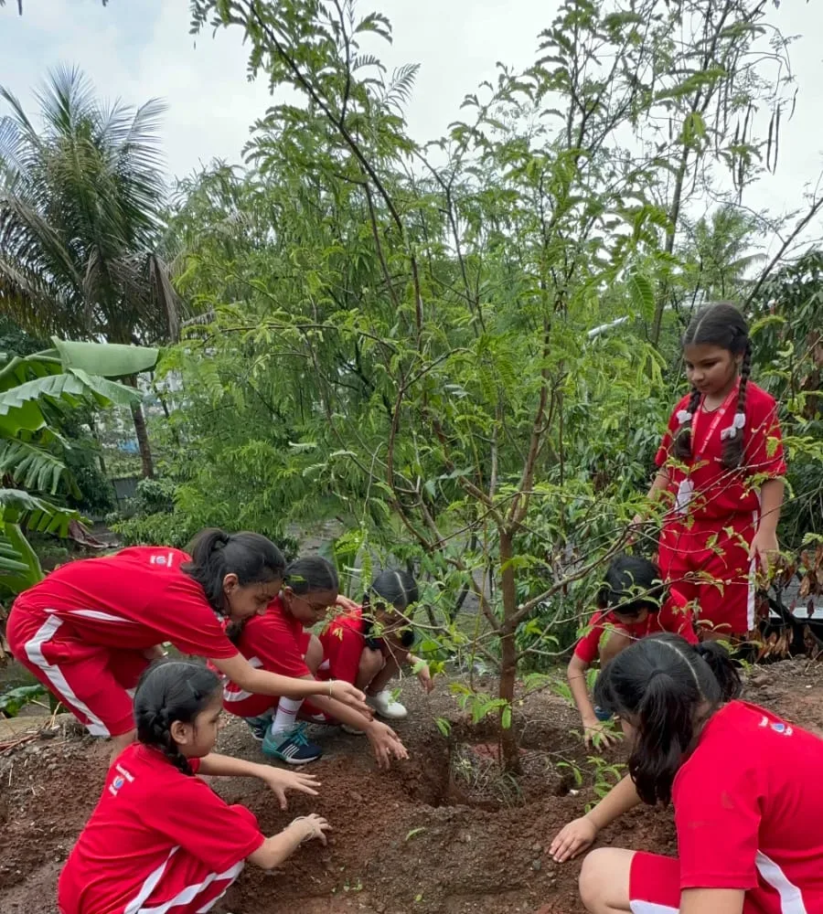 Students planting a sapling on campus