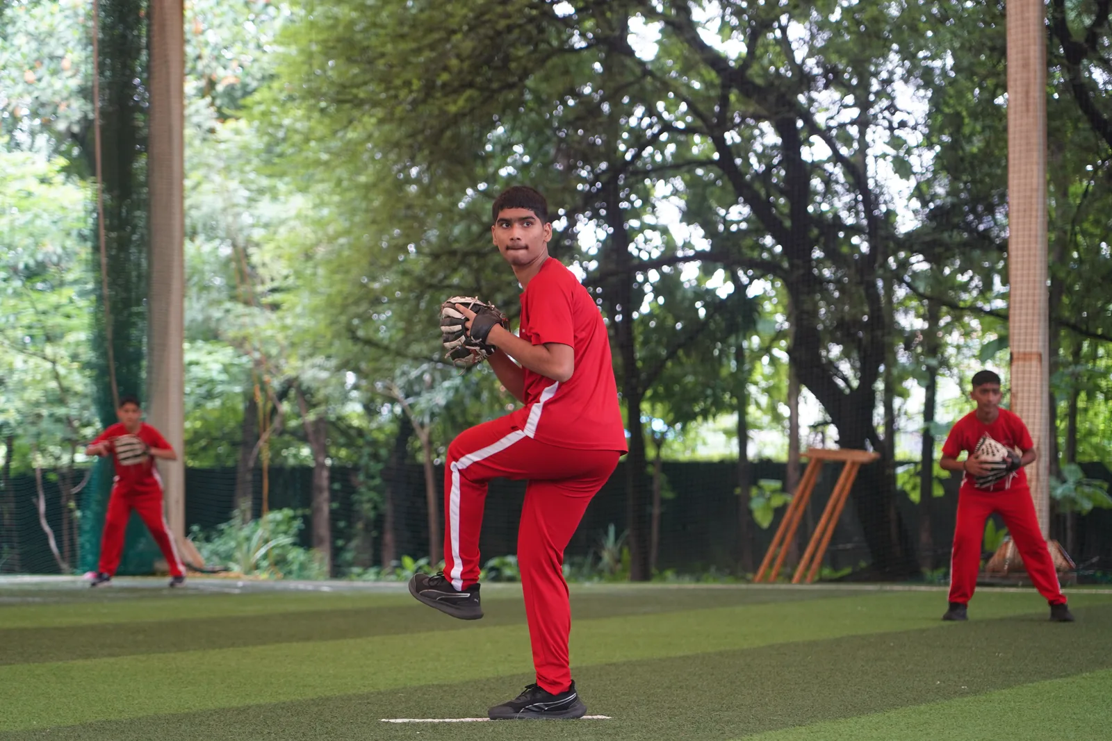 A student in batting stance during cricket practice