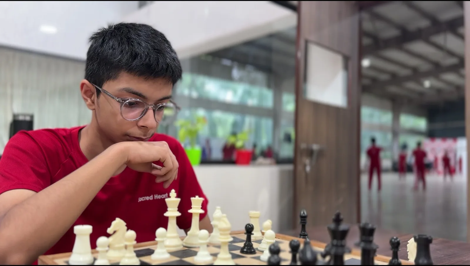 A close view of a chess board mid-game